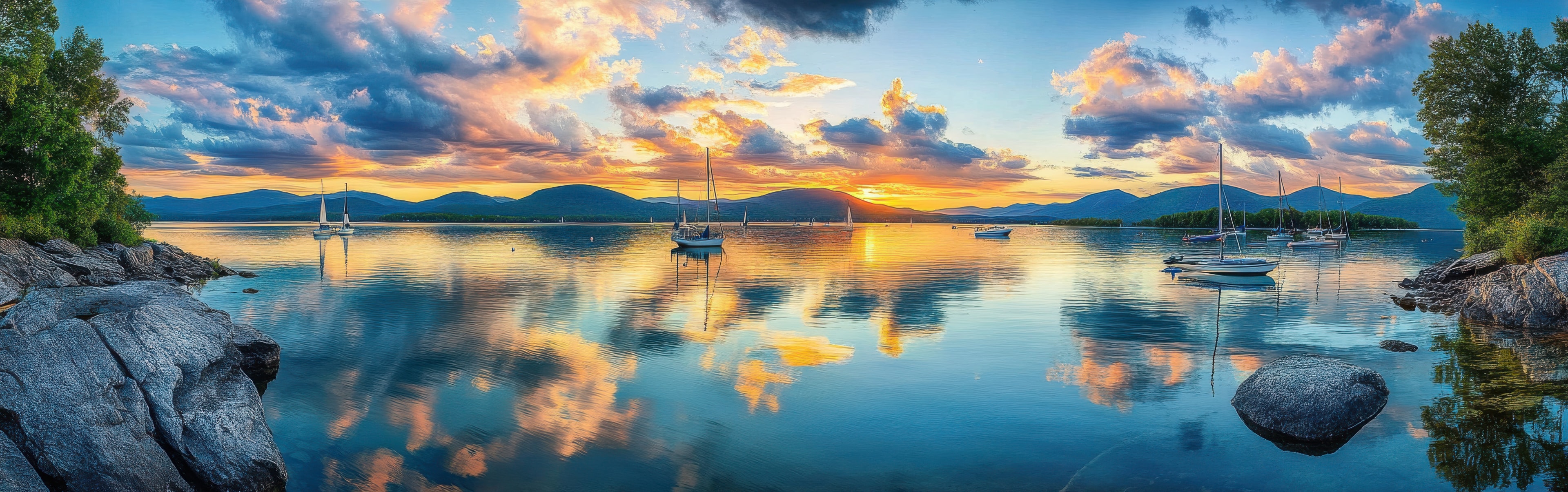 Sailboats on Lake Champlain at golden sunset, Burlington Vermont